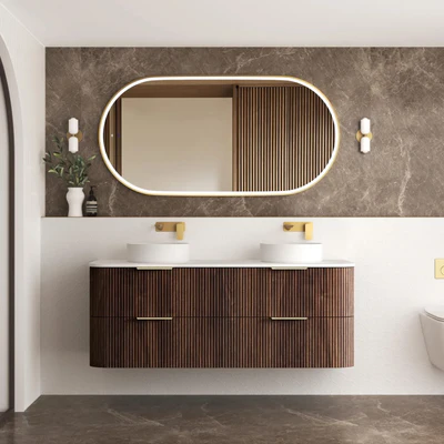 OTTI HAVANA SABLE WALNUT FLUTED 1500MM CURVE DOUBLE BOWL WALL HUNG VANITY