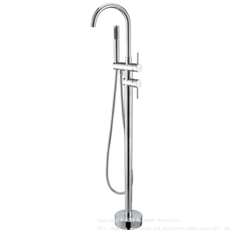 Round Chrome Freestanding Bath Mixer With Handheld Shower