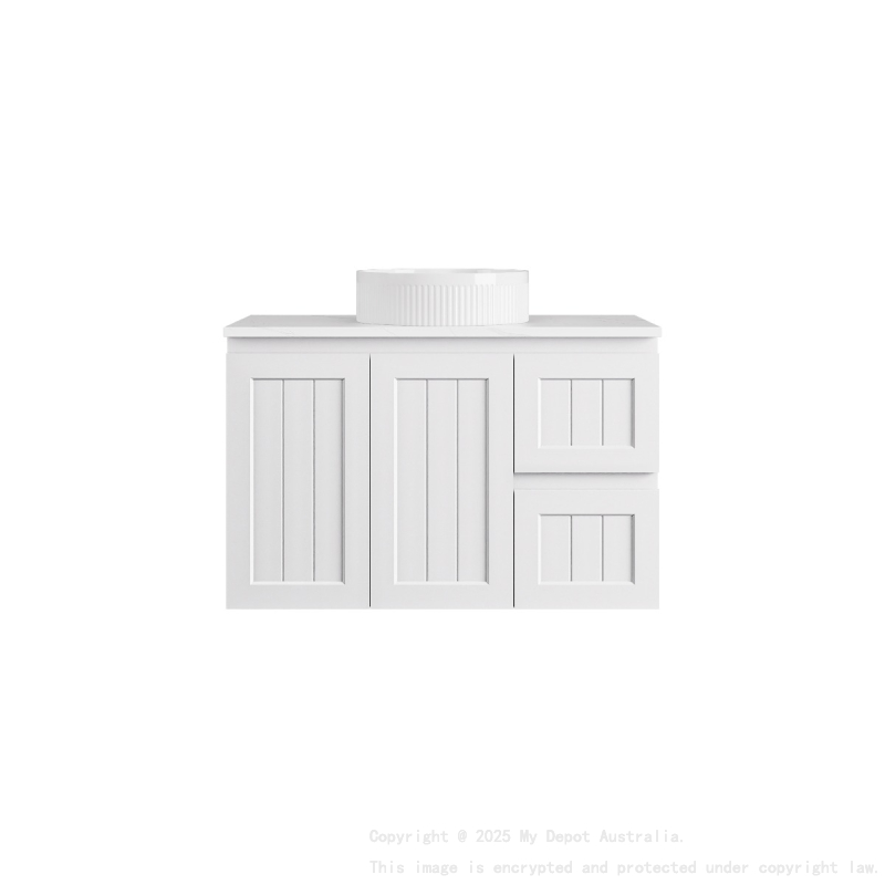 890*455*560mm Matte White Archill Federation Wall Hung Ensuite PVC Cabinet Right Hand Drawer