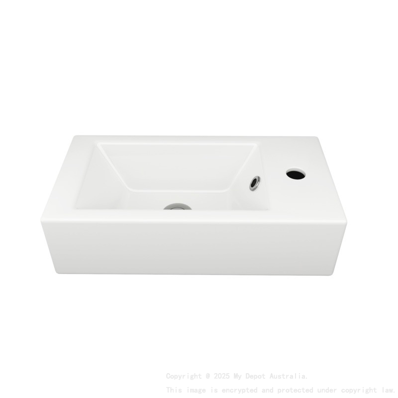 510L*255D*150Hmm Gloss White Ceramic Top Right Tap Hole