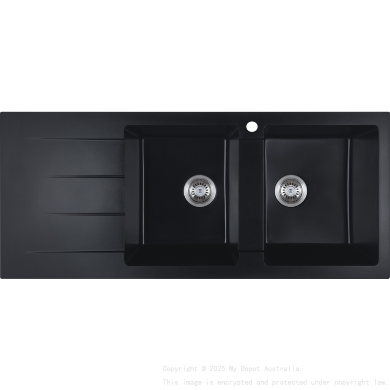 1160*500*210mm Cora Black Granite Sink Double Bowl With Drainer Right Hand Bowl