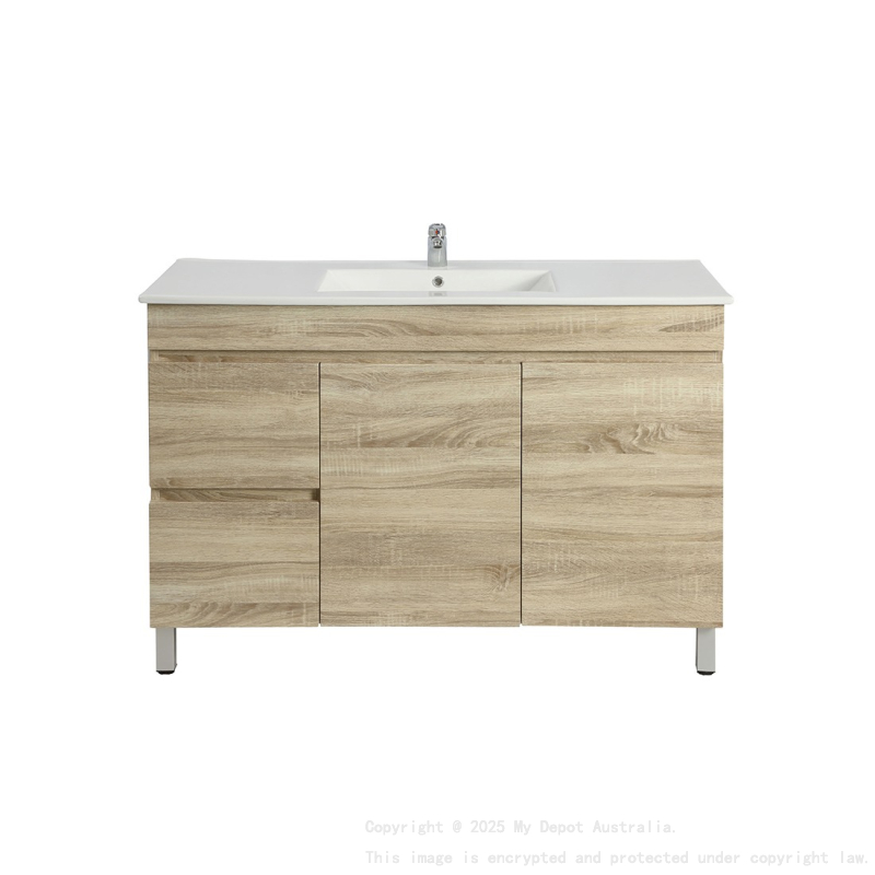 1200mm White Oak Free Standing MDF Bathroom Vanity Left Drawers Cabinet Only
