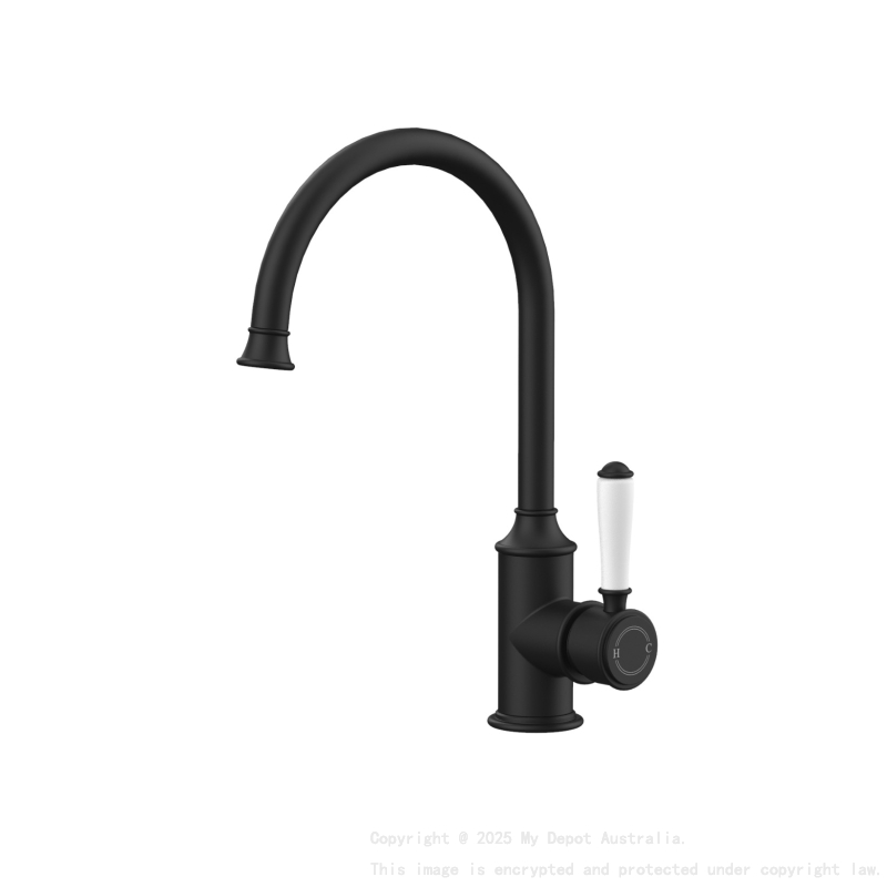 Clasico Gooseneck Sink Mixer Ceramic handle in Matt Black