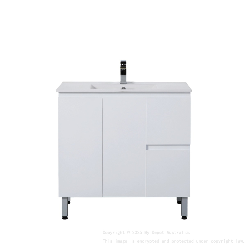 890*455*860mm Gloss White Alpha Free Standing PVC Vanity,Right Hand Drawers