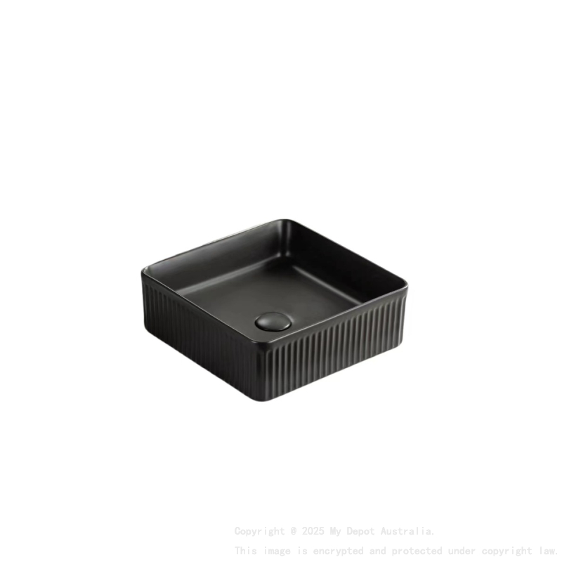 400*400*130mm Matte Black Crete Flueted Fine Ceramic Above Counter Basin No Overflow 32mm Waste