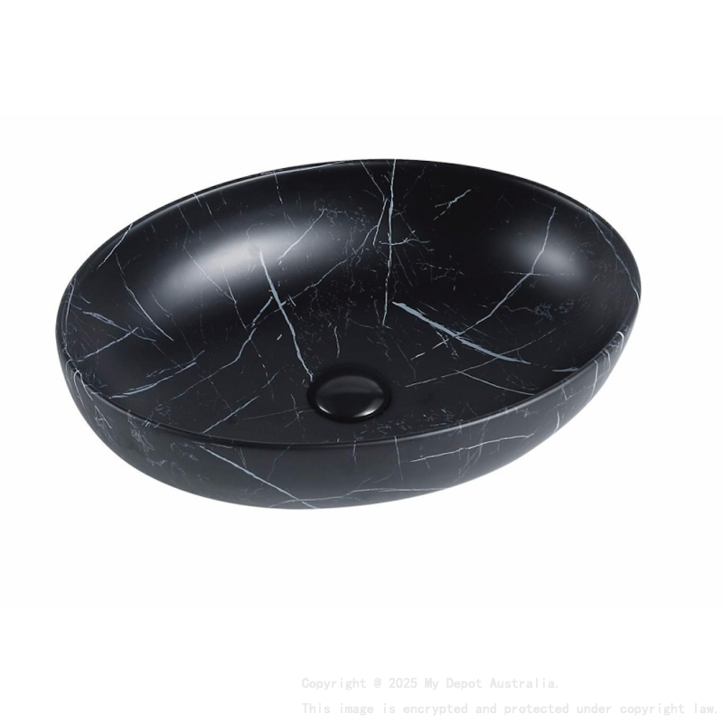 520*395*130mm Matt Marble Black Carey Fine Ceramic Above Counter Basin No Overflow 32mm Waste