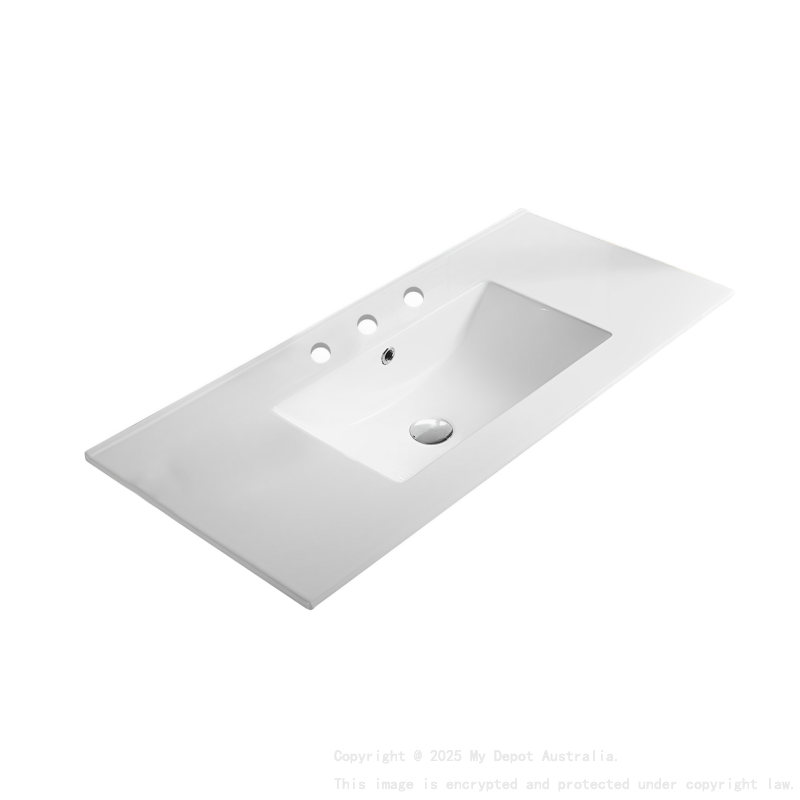 905*463*175mm Gloss White Crete Fine Ceramic Counter Top 3 Tap Hole Overflow 32mm Waste