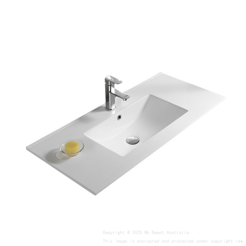 905*463*175mm Gloss White Crete Fine Ceramic Counter Top One Tap Hole Overflow 32mm Waste