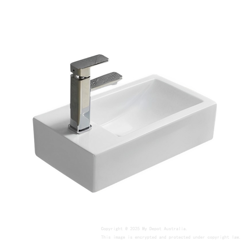 457*255*120mm Gloss White Crete Fine Ceramic Wall Hung Mini Basin Left Tap Hole No Overflow 32mm Waste