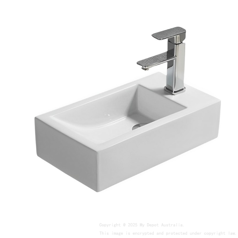 457*255*120mm Gloss White Crete Fine Ceramic Wall Hung Mini Basin Left Tap Hole No Overflow 32mm Waste