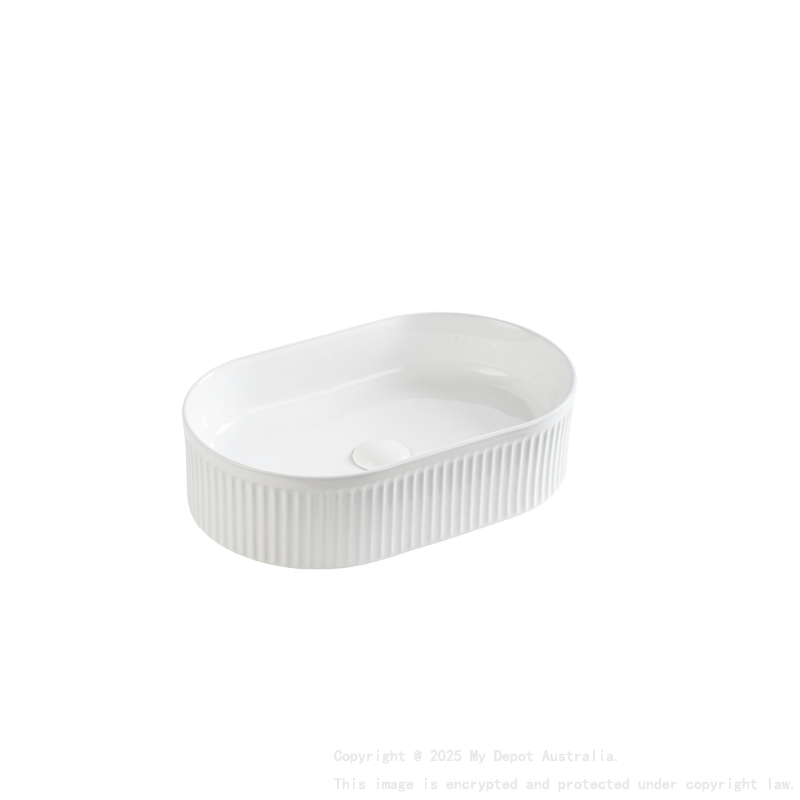 490*310*130mm Gloss White Ellips Fluted Fine Ceramic Above Counter Basin No Overflow 32mm Waste