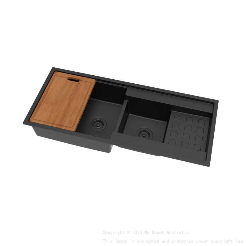 Size:1160*500*225mm Bowl Size:430*523*225mm+300*299*225mm Matte Black Gabrio Granite Sink With Work Station