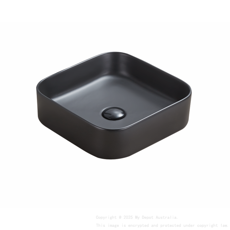 370*370*113mm Matte Black Kliff Fine Ceramic Above Counter Basin No Overflow 32mm Waste