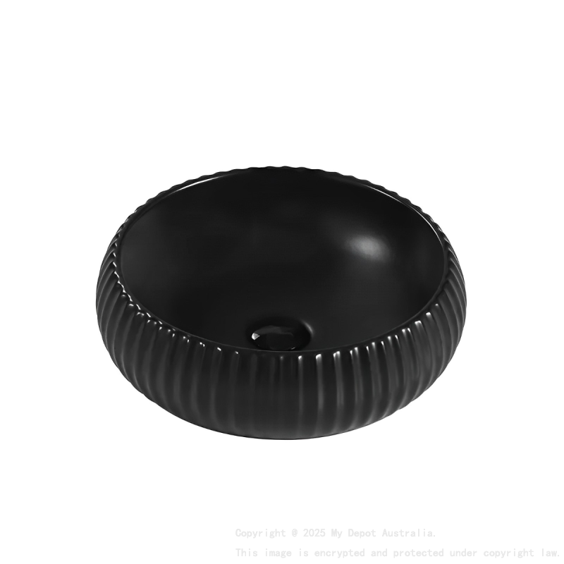 410*410*130mm Matte Black Oran Fine Ceramic Fluted Art Basin No Overflow 32mm Waste