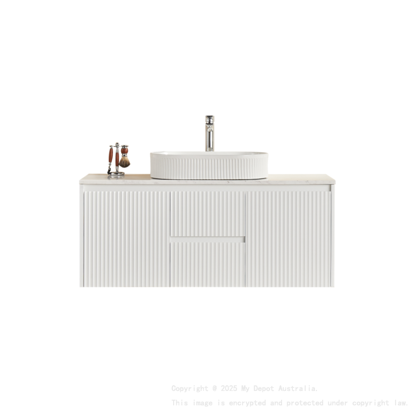 1190X455X480mm Matte White Crete Modern Fluted Wall Hung Vanity PVC Cabinet Center Drawer