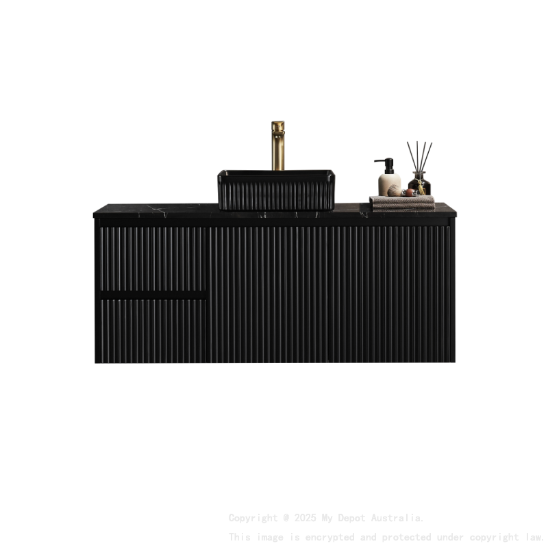 890x455x480mm Matte Black Crete Modern Fluted Wall Hung Vanity PVC Cabinet Left Hand Drawers