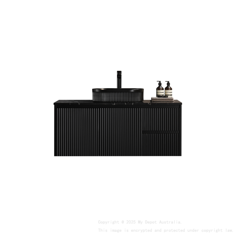 1190X455X480mm Matte Black Crete Modern Fluted Wall Hung Vanity PVC Cabinet Right Hand Drawers