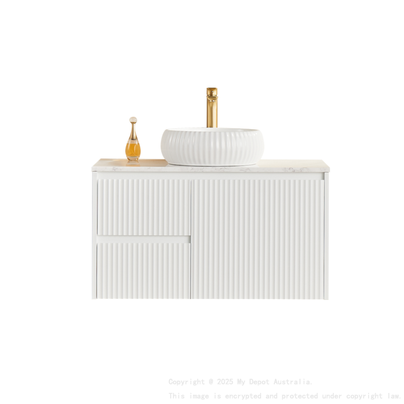 890x455x480mm Matte White Crete Modern Fluted Wall Hung Vanity PVC Cabinet Left Hand Drawers