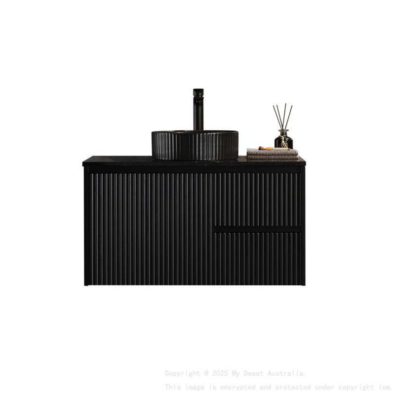 890X455X480mm Matte Black Crete Modern Fluted Wall Hung Vanity PVC Cabinet Right Hand Drawers
