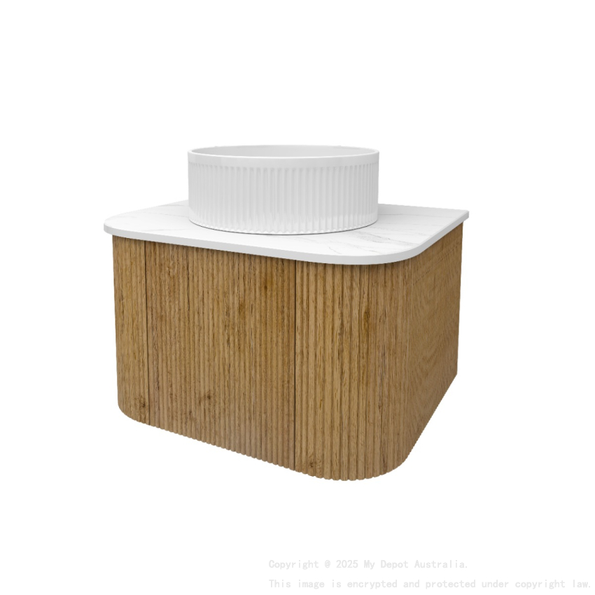 Kiama 600mm Prime Oak 1 Door Curved Wall Hung Fluted Bathroom Vanity