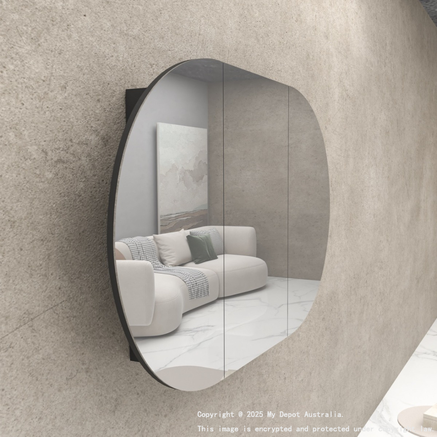 1200x750mm Oval Matte Black MDF 3/DR Shaving Cabinet