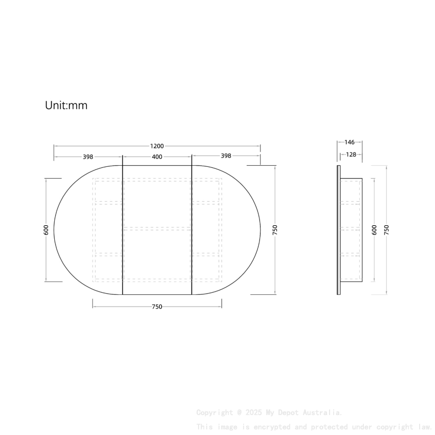 1200x750mm Oval Matte White Mirror Cabinet MDF 3/DR Shaving Cabinet