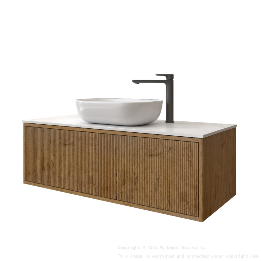 1200mm Kiama Prime Oak 1 Right Hand Drawer 1 Left Hand Door Fluted Wall Hung Vanity Cabinet Only