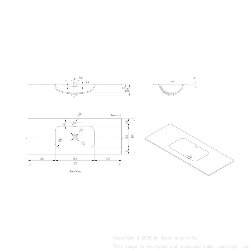 1205X465X145 Matte White Chasey Solid Surface Stone Basin