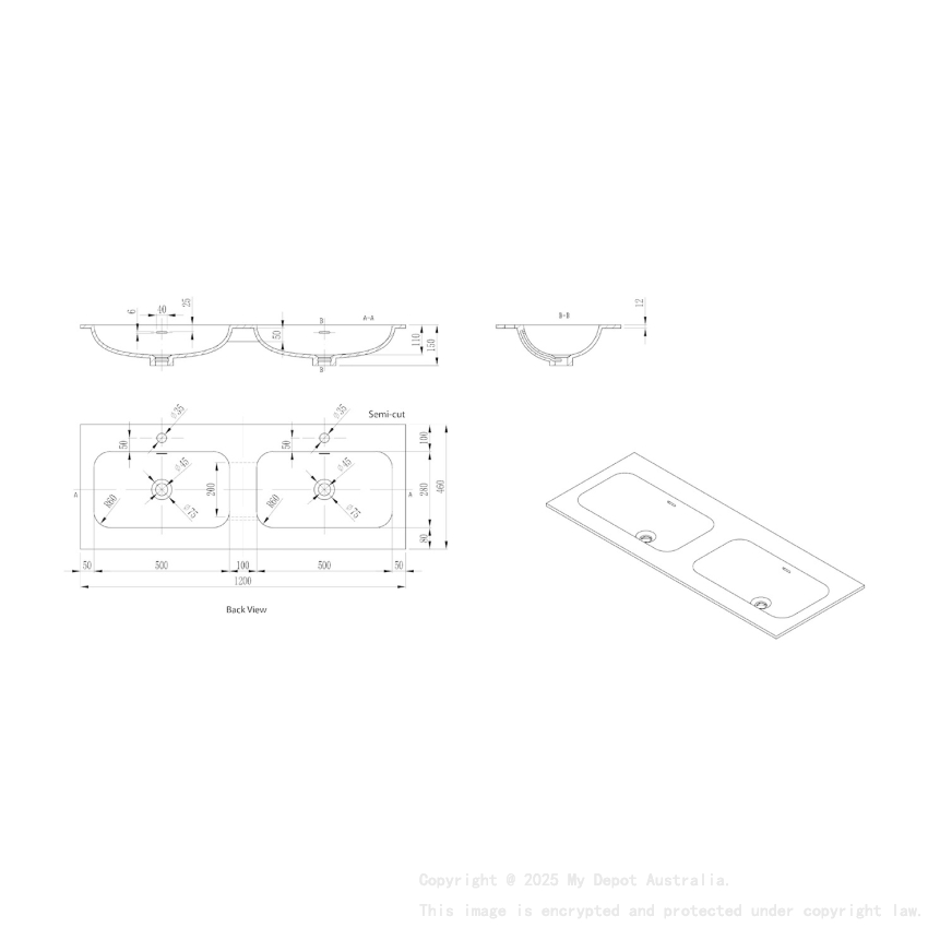 1205X465X145 Matte White Chasey Solid Surface Stone Basin Double Bowl
