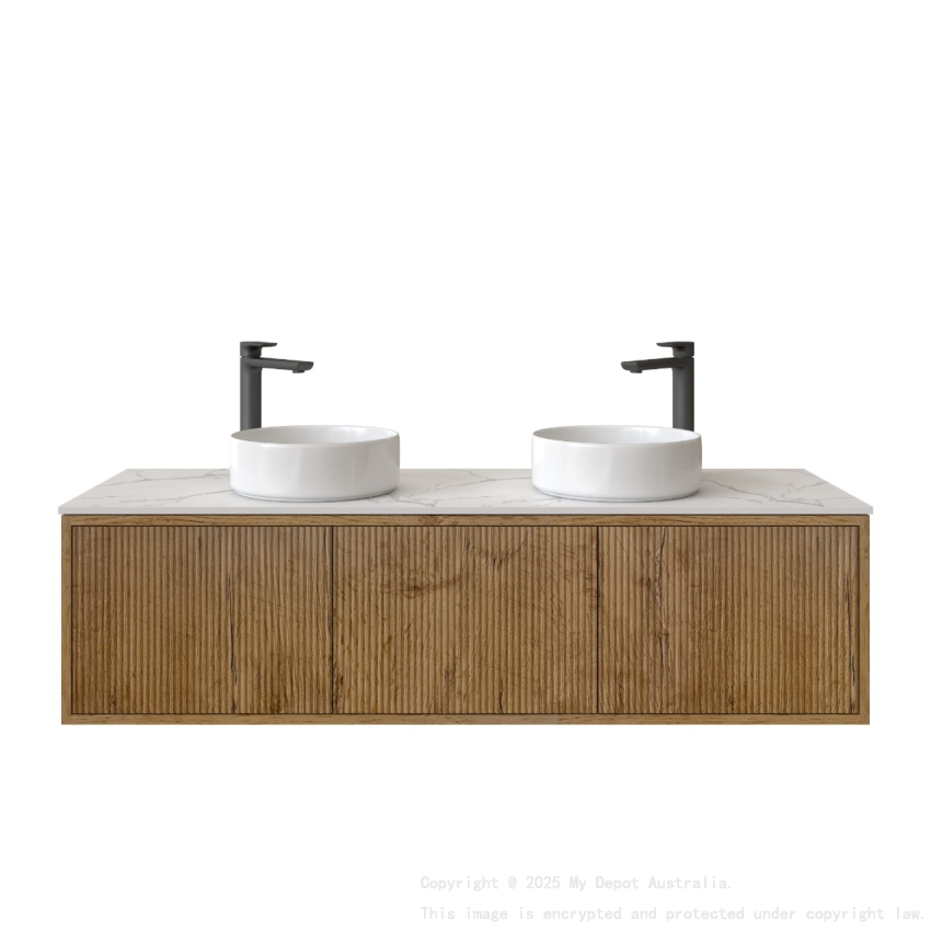 1500mm Kiama Prime Oak 2 Drawers 1 Door Narrow Fluted Wall Hung Vanity Cabinet Only