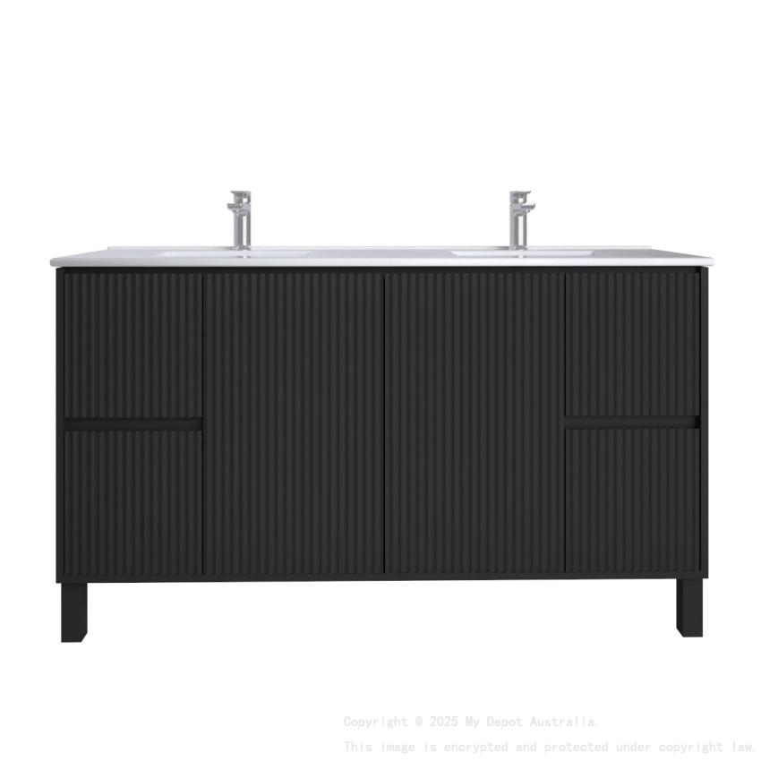 1500mm Brio Matte Black 2PAC Coating PVC Freestanding Elegant Wave-Like Fluted Design Bathroom Vanity Cabinet Only