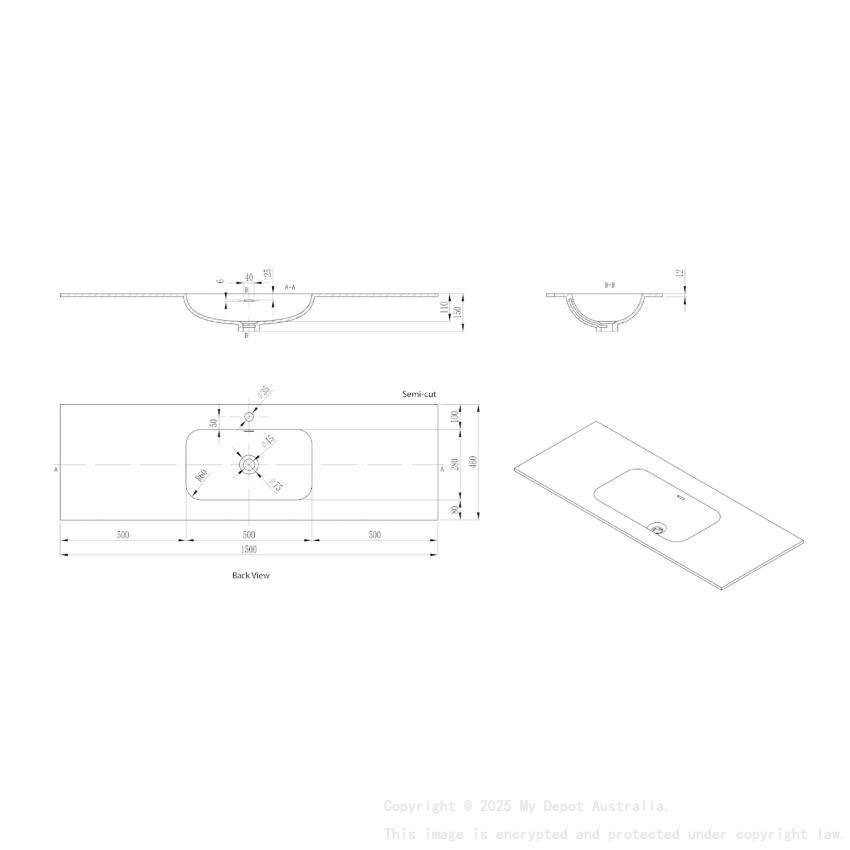 1205X465X145 Matte Black Chasey Solid Surface Stone Basin