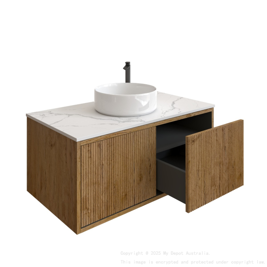 900mm Kiama Prime Oak 1 Right Hand Drawer 1 Left Hand Door Fluted Wall Hung Vanity Cabinet Only