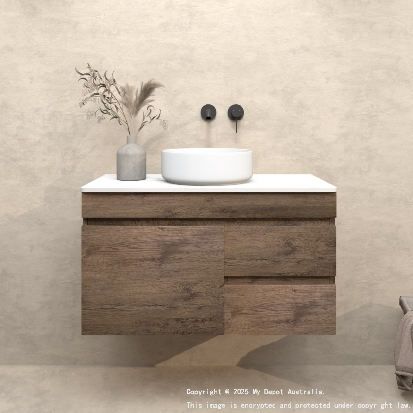 900mm Dark Oak MDF Wall Hung Bathroom Floating Vanity Right Drawers Cabinet Only