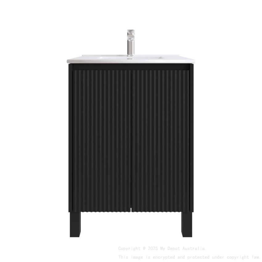 600mm Brio Matte Black 2PAC Coating PVC Freestanding Elegant Wave-Like Fluted Design Bathroom Vanity Cabinet Only