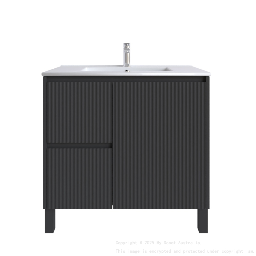 900mm Brio Matte Black 2PAC Coating PVC Freestanding Elegant Wave-Like Fluted Design Bathroom Vanity Cabinet Only
