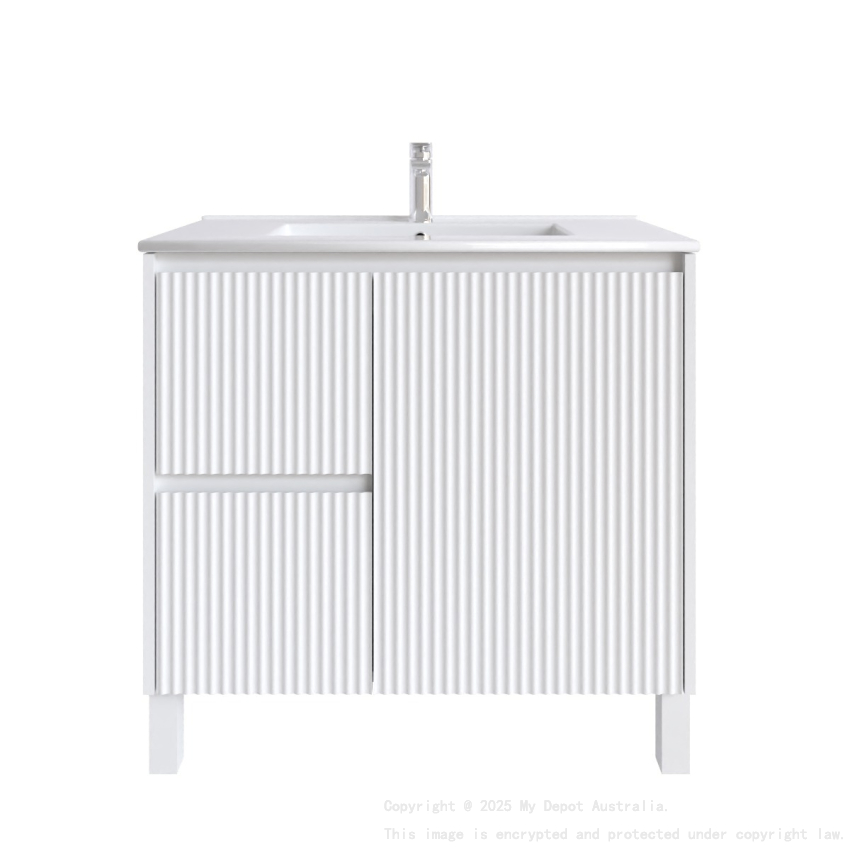 900mm Brio Matte White 2PAC Coating PVC Freestanding Elegant Wave-Like Fluted Design Bathroom Vanity Cabinet Only