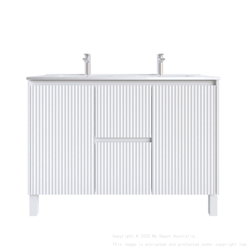 1200mm Brio Fluted Design PVC Matte White Freestanding Elegant Wave-Like Bathroom Vanity Cabinet Only