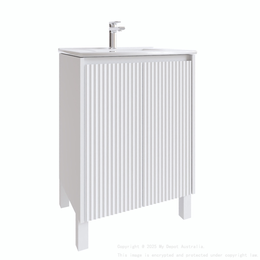 600mm Brio Matte White 2PAC Coating PVC Freestanding Elegant Wave-Like Fluted Design Bathroom Vanity Cabinet Only