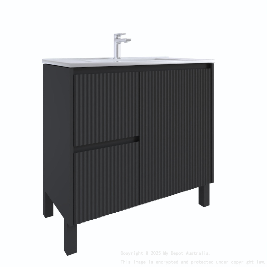 900mm Brio Matte Black 2PAC Coating PVC Freestanding Elegant Wave-Like Fluted Design Bathroom Vanity Cabinet Only