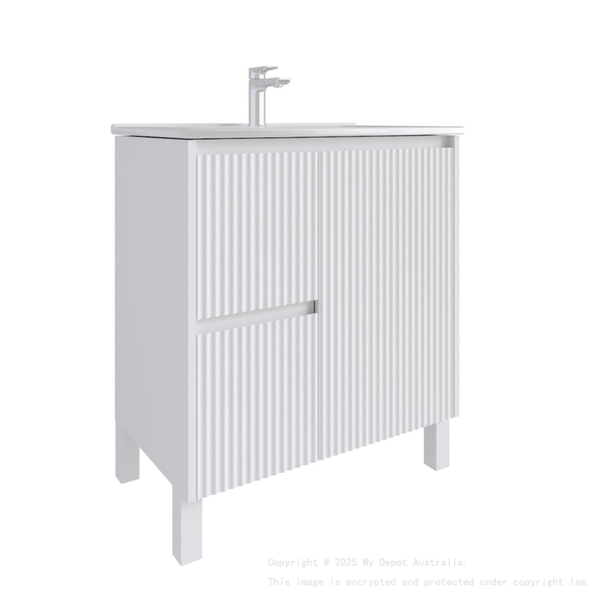750mm Brio Matte White 2PAC Coating PVC Freestanding Elegant Wave-Like Fluted Design Bathroom Vanity Cabinet Only