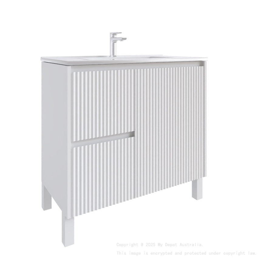 900mm Brio Matte White 2PAC Coating PVC Freestanding Elegant Wave-Like Fluted Design Bathroom Vanity Cabinet Only