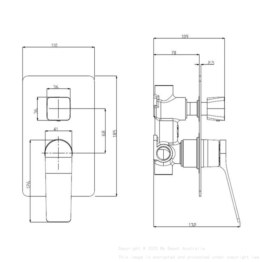 Square Chrome Wall Mixer With Diverter
