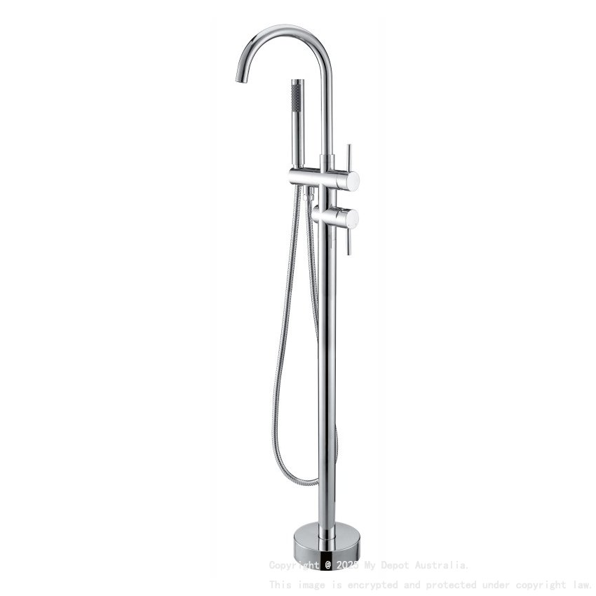 Round Chrome Freestanding Bath Mixer With Handheld Shower