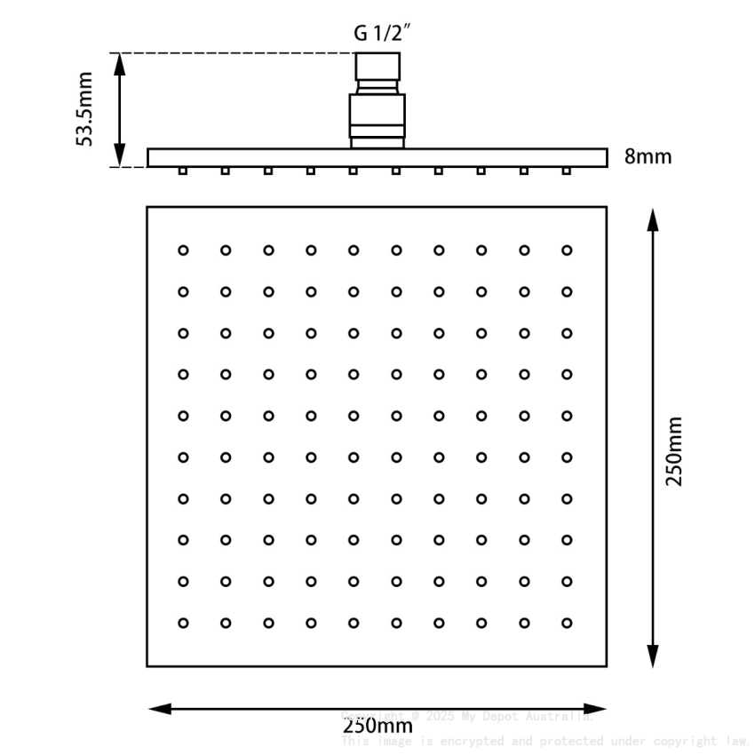 Square Black Brass Rainfall Shower Head 250mm