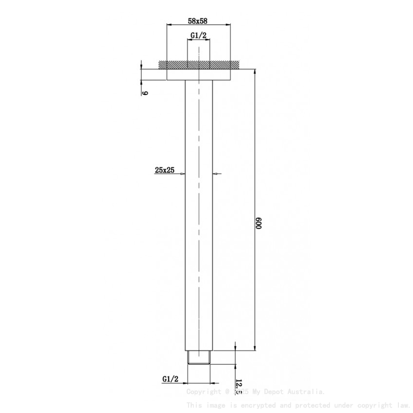 Square Black Ceiling Shower Arm 600mm