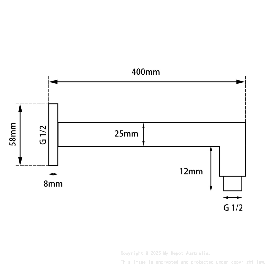 Square Black Wall Mounted Shower Arm 400mm