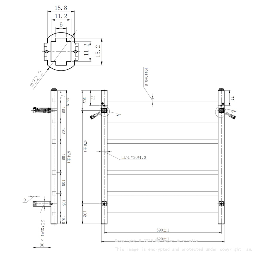 Chrome Square Electric Heated Towel Rack 6 Bars