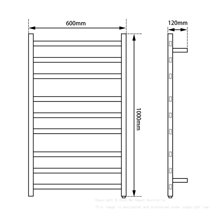 Square Matte Black Electric Heated Towel Rack 9 Bars