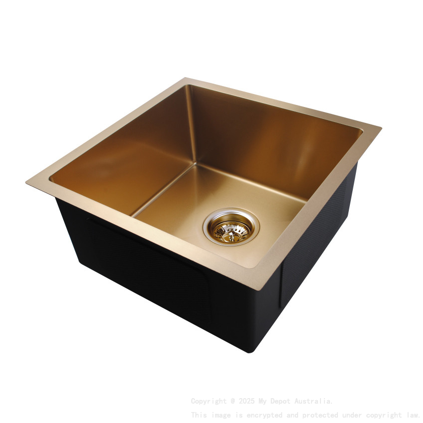 1.2mm Brushed Yellow Gold Stainless Steel Handmade Single Bowl Top/Undermount Kitchen/Laundry Sink 440*440*205mm